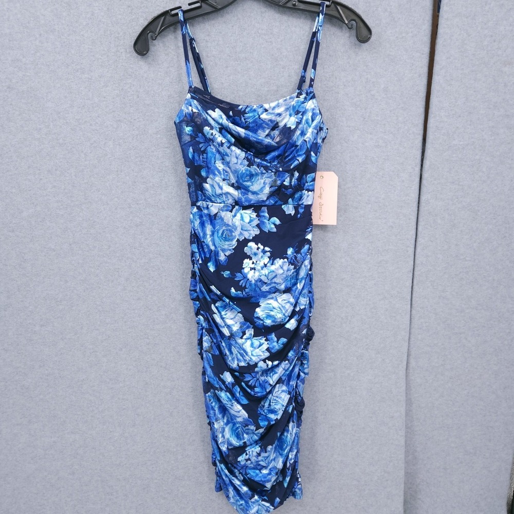 City Studios Cowl Neck Foiled Floral Ruched Royal Sleeveless Dress Juniors S NWT - Picture 2 of 9
